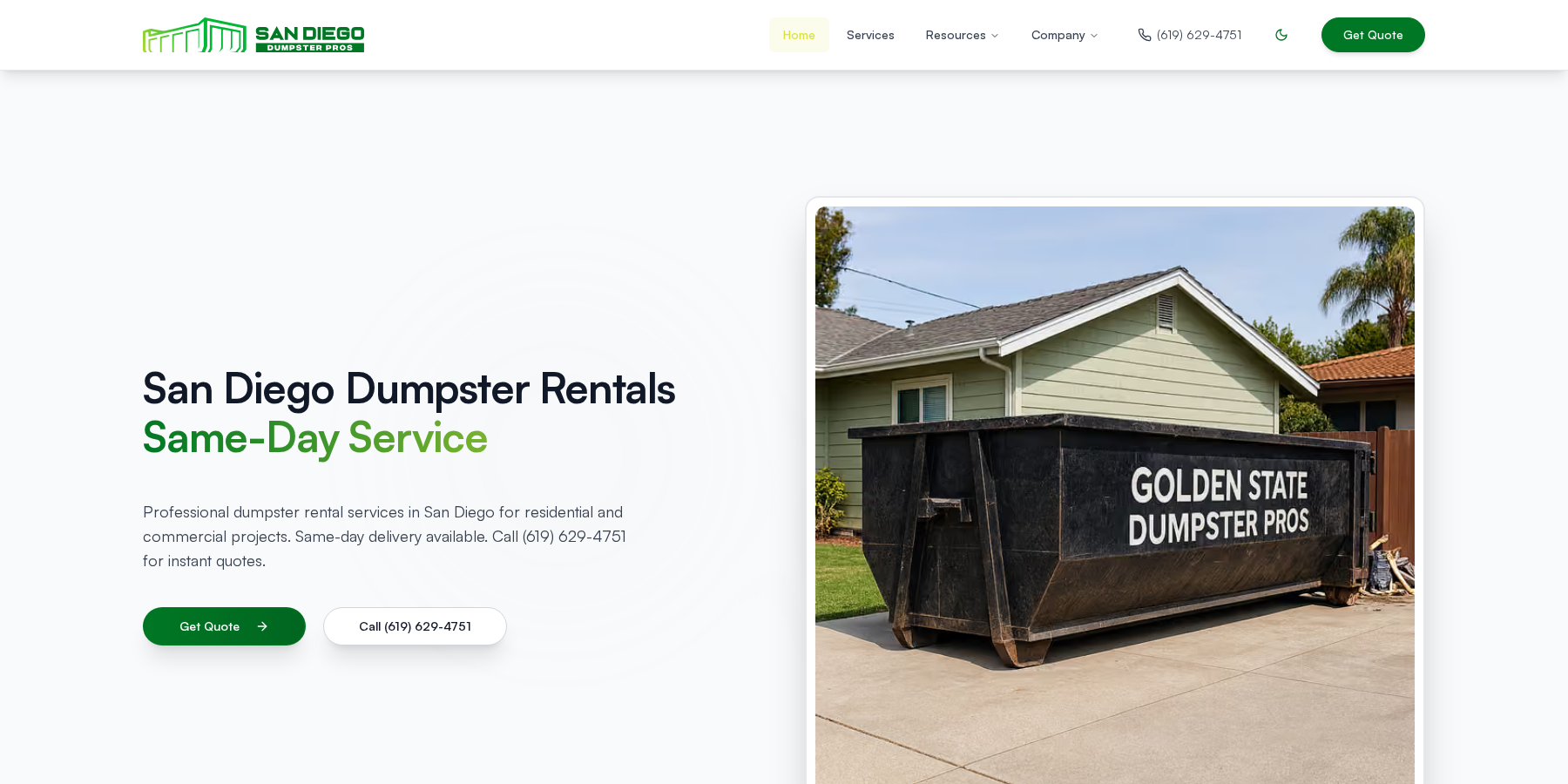 Golden State Dumpster Pros website desktop view