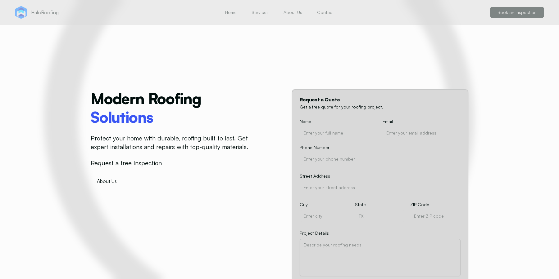 Halo Roof Co website desktop view
